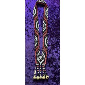 T'boli Tribal Seed Bead Artisan Necklace Ethnic Seed Bead w/ 5 Bells Vintage Red